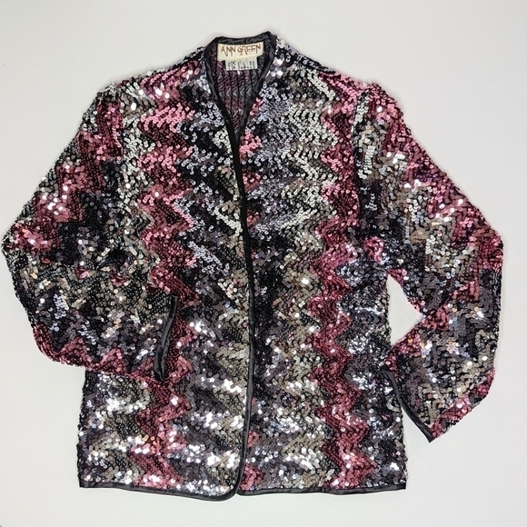 Ann Green Jackets & Blazers - Vintage Ann Green sequined blazer jacket size black silver pink